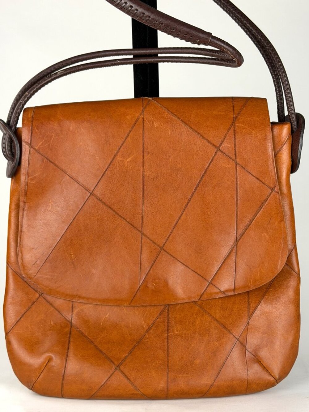 Vintage Sondra Roberts Brown Leather Patchwork Geometric Flap Shoulder Bag Boho